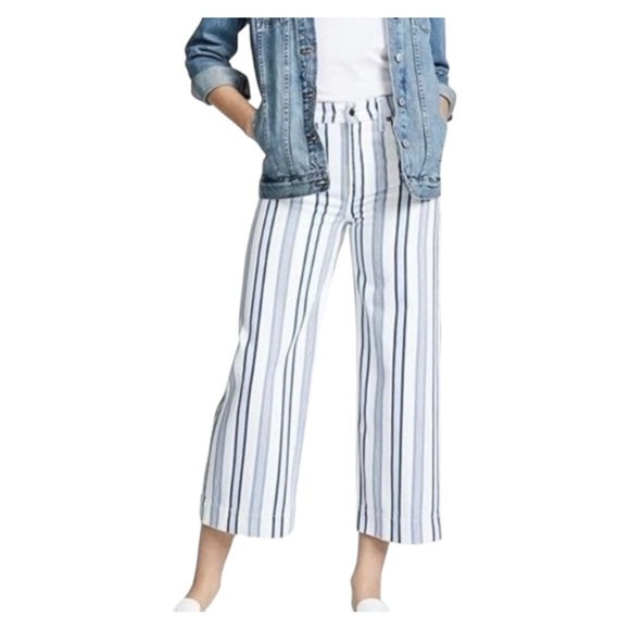 H&M Wide Leg High waist Frayed Ankle Jeans in Blue White Stripe Size 6/Small - Picture 2 of 12